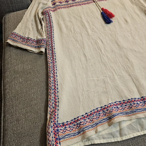 THML Cream Boho Linen Casual Embroidered Boho Cottage Tunic Dress Size XL - Picture 3 of 9